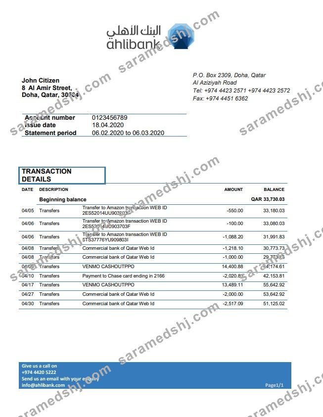 Qatar Ahlibank proof of address bank statement template in Word and PDF format, .doc and .pdf  format